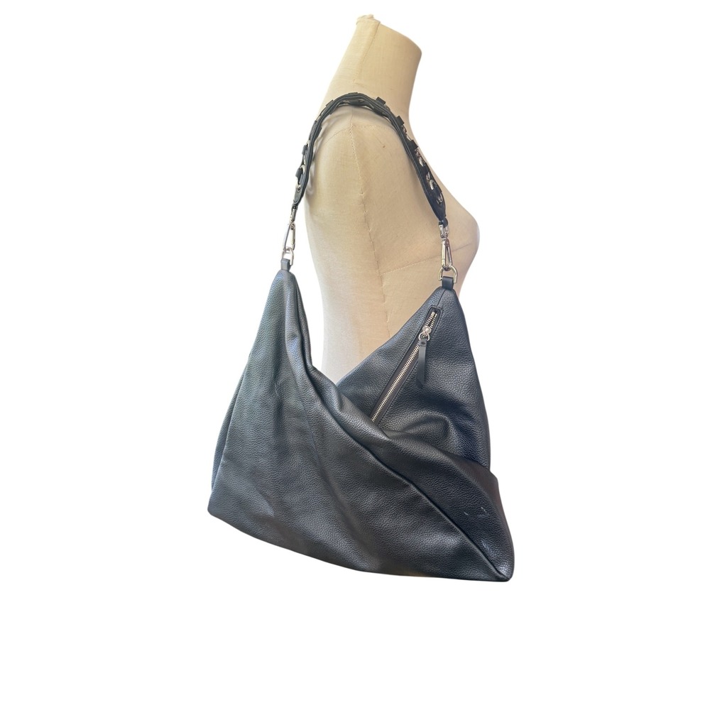 Calvin Klein Black Pebbled Faux Leather Asymmetrical Zip Hobo Bag Boho vegan - Picture 2 of 12